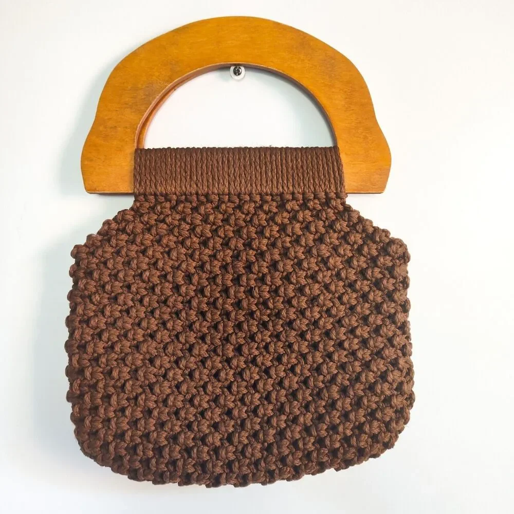 Vintage Crochet Knit Bag Wooden Handles‎ Chic Brown Cottagecore Boho Handmade